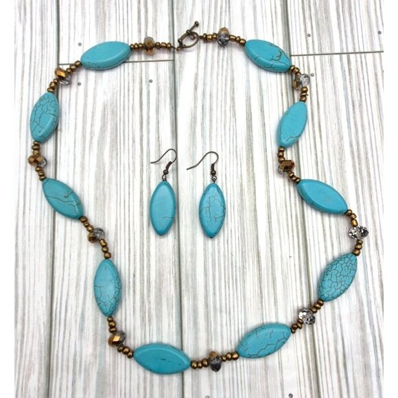 Artisan Bronze Bead & Howlite Stone Faux Turquoise Collar Necklace & Earring Set - Picture 10 of 12